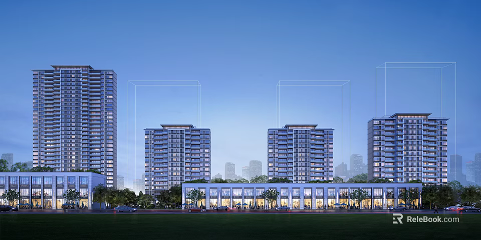 Modern High Rise Residential Building With Ground Floor Shops And Green Lawn At Evening 3d model 