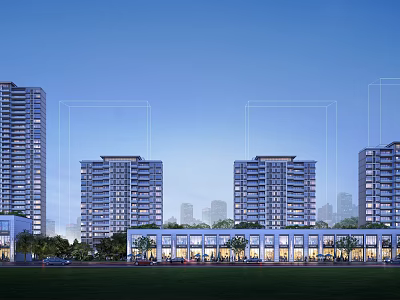 Modern High Rise Residential Building With Ground Floor Shops And Green Lawn At Evening 3d model
