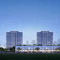 Modern High Rise Residential Building With Ground Floor Shops And Green Lawn At Evening