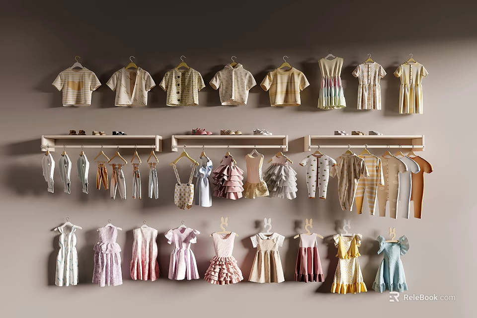 Variety Of Casual And Formal Clothes Displayed On Wall Hangers 3d model 