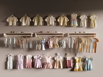 Variety Of Casual And Formal Clothes Displayed On Wall Hangers 3d model