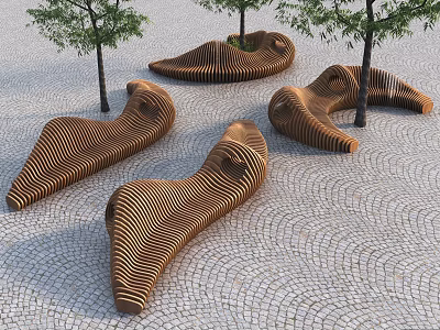 Outdoor Garden Decorative Wooden Seats With Wavy Design Surrounded By Trees On Paved Ground 3d model
