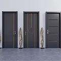 Modern Dark Flush Doors With Golden Lines Circular Handle And Decorative Branches 3d model