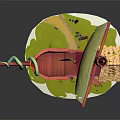 Cartoon Scene Featuring Colorful Ship Small House Yellow Flag Wooden Roof And Green Grass Base