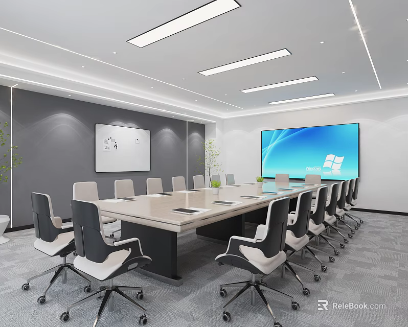 Modern Conference Room With Large Table Comfortable Chairs Big Screen And Wall Clock 3d model
