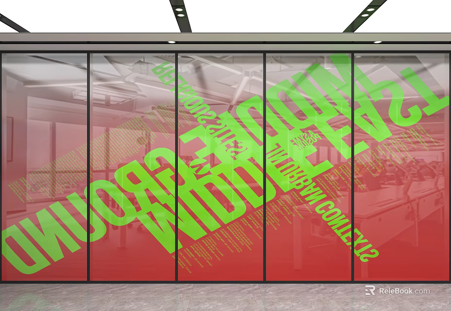 Modern Glass Partition With Green Text Graphics And Red Background Interior Design 3d model 