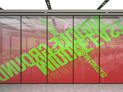 Modern Glass Partition With Green Text Graphics And Red Background Interior Design 3d model