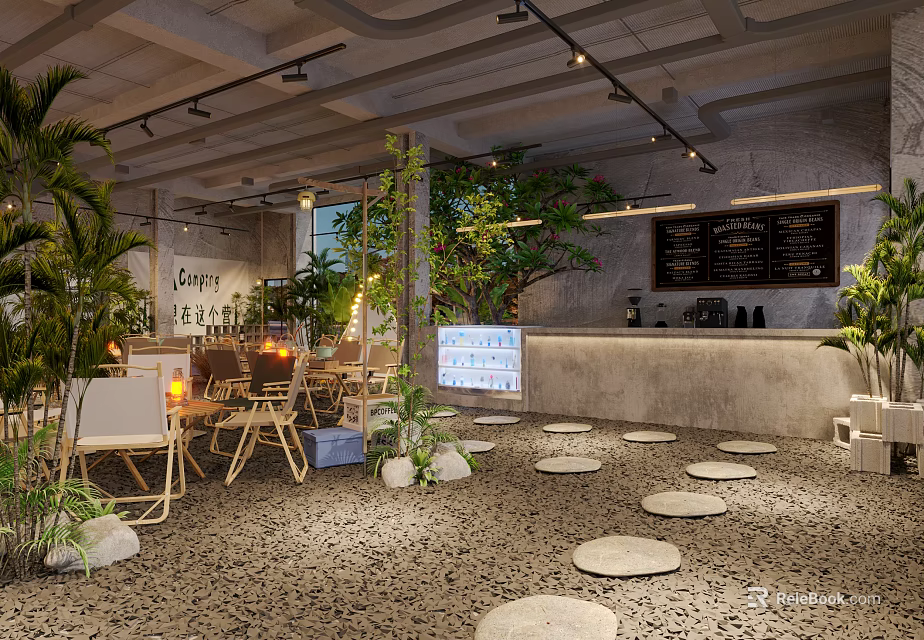 Modern Industrial Restaurant Interior With Green Plants Stone Stepping Stones And Bar Counter 3d model 