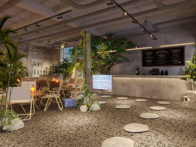 Modern Industrial Restaurant Interior With Green Plants Stone Stepping Stones And Bar Counter 3d model