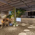 Modern Industrial Restaurant Interior With Green Plants Stone Stepping Stones And Bar Counter