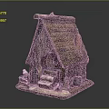 Rustic Countryside Wooden Cottage With Tiled Roof Chimney Wooden Logs And Small Animals