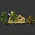 Small House Scene With Blue Roof Chimney Trees And Wooden Fence