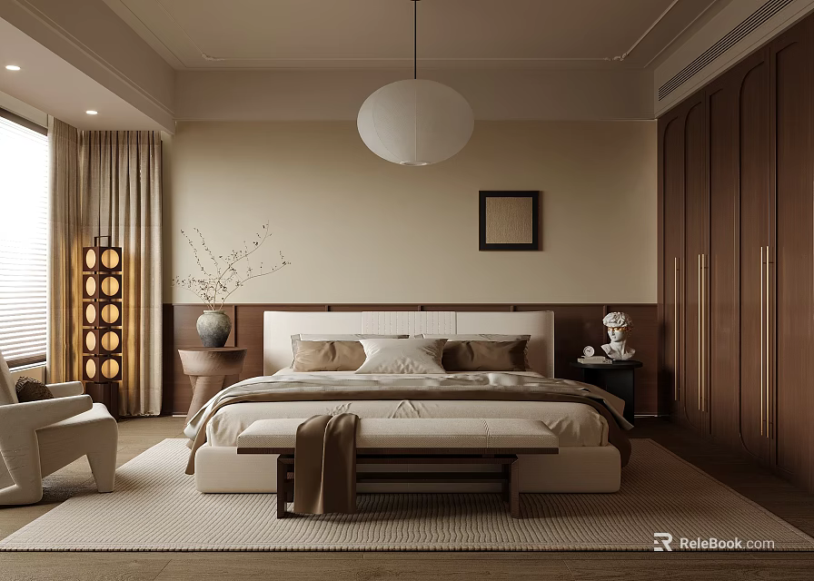 Cozy Modern Bedroom Interior With Bed Wooden Wardrobe Rug Pendant Light And Framed 3d model 