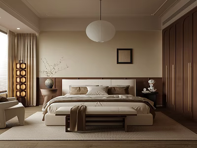 Cozy Modern Bedroom Interior With Bed Wooden Wardrobe Rug Pendant Light And Framed 3d model