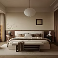 Cozy Modern Bedroom Interior With Bed Wooden Wardrobe Rug Pendant Light And Framed