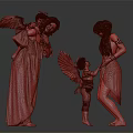 Two Women In Colorful Dresses Interacting With Winged Haloed Children