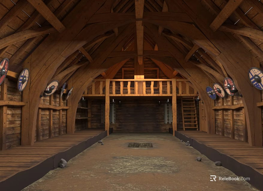 Cartoon Medieval Wooden Hall Scene With Arched Beam Ceiling Shields Flags And Empty Ground 3d model 