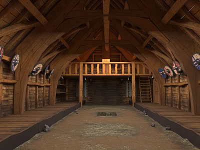 Cartoon Medieval Wooden Hall Scene With Arched Beam Ceiling Shields Flags And Empty Ground 3d model