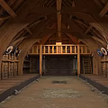 Cartoon Medieval Wooden Hall Scene With Arched Beam Ceiling Shields Flags And Empty Ground