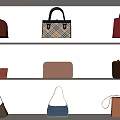 Stylish Handbags And Wallets Displayed On White Shelves With Various Designs