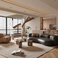 Modern Duplex Living Room Interior With Spiral Staircase Leather Sofa And Large Windows
