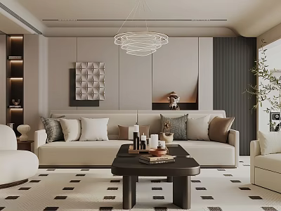 Modern Living Room Interior With Beige Sofa Wooden Coffee Table Decorative Art And Geometric Rug 3d model
