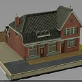 Red Brick Building Model With Green Roof Chimney Windows And Doors