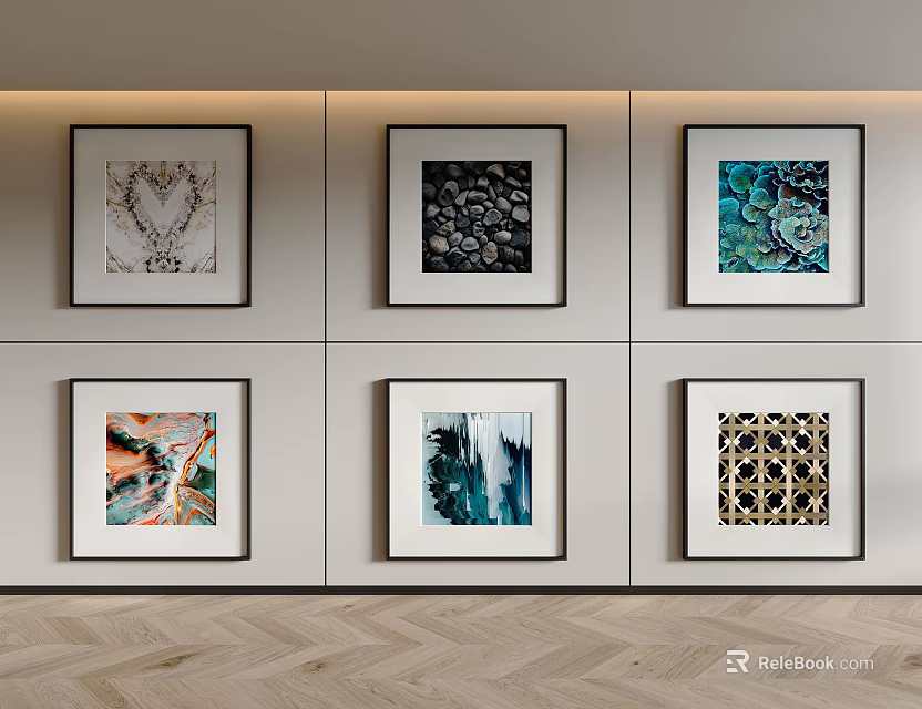 Six Framed Art Paintings Wall Display In Modern Interior With Herringbone Floor 3d model 