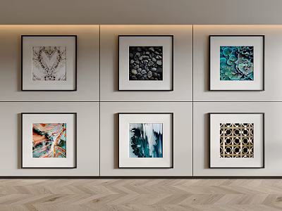 Six Framed Art Paintings Wall Display In Modern Interior With Herringbone Floor 3d model