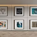 Six Framed Art Paintings Wall Display In Modern Interior With Herringbone Floor