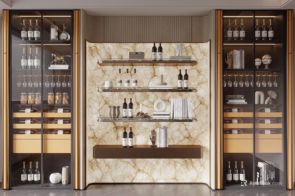 Modern Luxury Wine Cabinet With Marble Backdrop Gold Frame Glass Doors And Multiple Shelves 3d model 