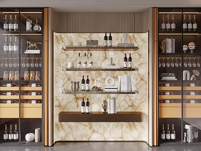 Modern Luxury Wine Cabinet With Marble Backdrop Gold Frame Glass Doors And Multiple Shelves 3d model