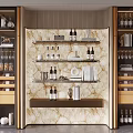 Modern Luxury Wine Cabinet With Marble Backdrop Gold Frame Glass Doors And Multiple Shelves