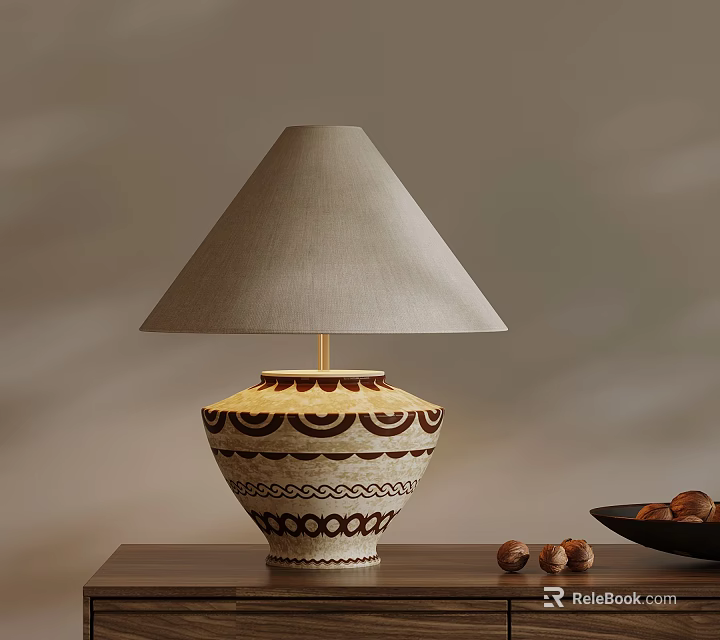 Ceramic Table Lamp With Beige Fabric Shade And Brown Geometric Patterns On Wooden Table 3d model 
