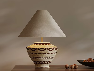 Ceramic Table Lamp With Beige Fabric Shade And Brown Geometric Patterns On Wooden Table 3d model