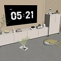 Modern White TV Stand With Decorative Items Books Vase And Drawer Cabinet In Living Room