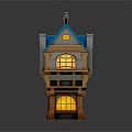 Cartoon Style Two Story House Building With Blue Roof Lit Arched Windows And Chimney