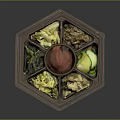 Traditional Assorted Side Dishes in Octagonal Wooden Container with Red Sauce and Fresh Vegetables