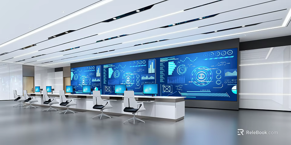 Modern Monitoring Room with Large Display Wall Showing Data Charts Dashboards and Control Consoles 3d model 