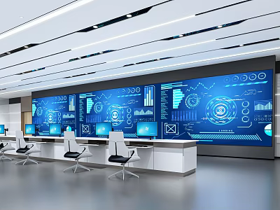 Modern Monitoring Room with Large Display Wall Showing Data Charts Dashboards and Control Consoles 3d model