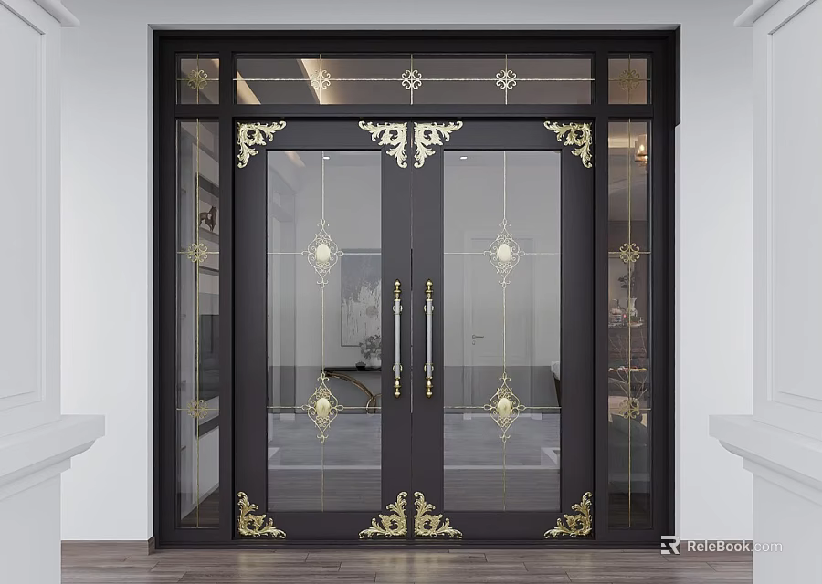 Elegant Double Glass Door With Black Frame And Golden Decorative Patterns 3d model
