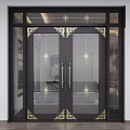 Elegant Double Glass Door With Black Frame And Golden Decorative Patterns 3d model