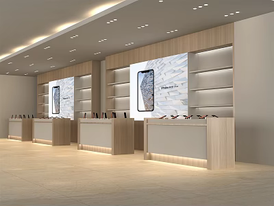 Modern Digital Store Interior With Showcased Smartphones Wooden Counters And Well Lit Shelves 3d model