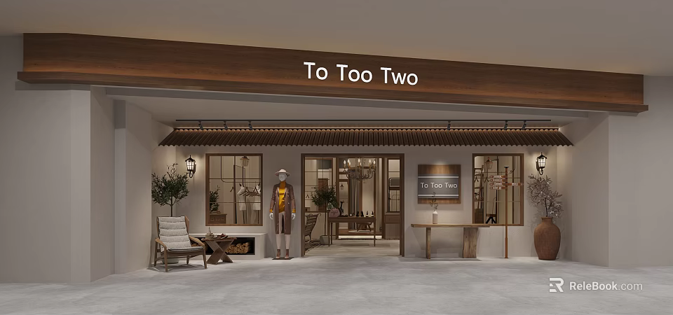 To Too Two Clothing Store with Modern Window Display Mannequin Plants And Furniture 3d model 