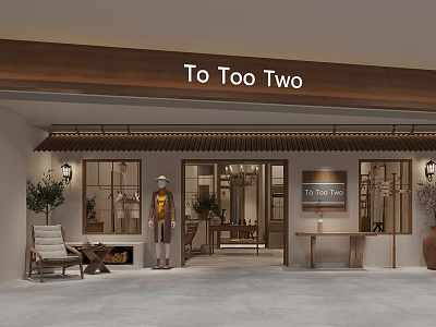 To Too Two Clothing Store with Modern Window Display Mannequin Plants And Furniture 3d model