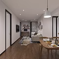 Modern Open Living And Dining Room Interior With Wooden Flooring Dining Table Sofa Pendant Lights