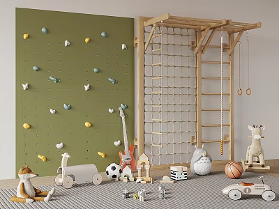 Plush Toys In Playroom With Climbing Wall And Rope Net 3d model