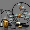 Elegant Decorative Ornament Set With Golden Container Blue White Ponies Black Rack And Writing Brush