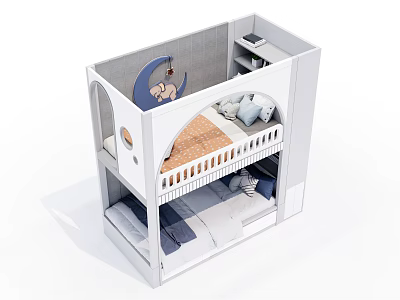 Kids Bunk Bed with Moon Star Decor Mattress Pillows and Storage Shelf 3d model