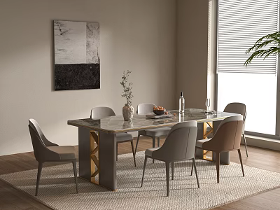 Minimalist Dining Table With Marble Top Golden Legs And Six Chairs On Soft Rug Near Window 3d model